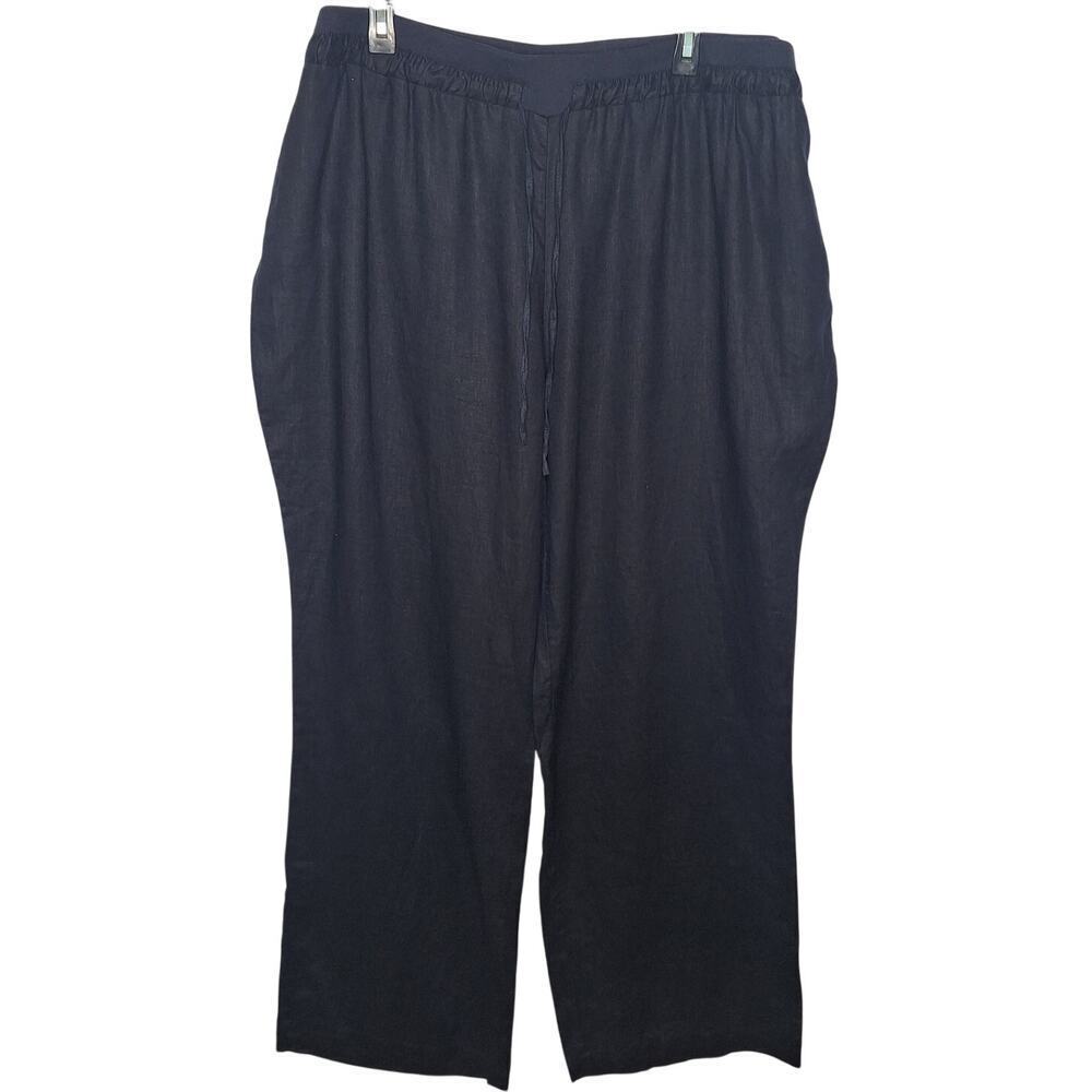 Ellen Tracy Linen Wide Leg Pant 3X Navy Blue Pull On Lagenlook Minimalist Resort